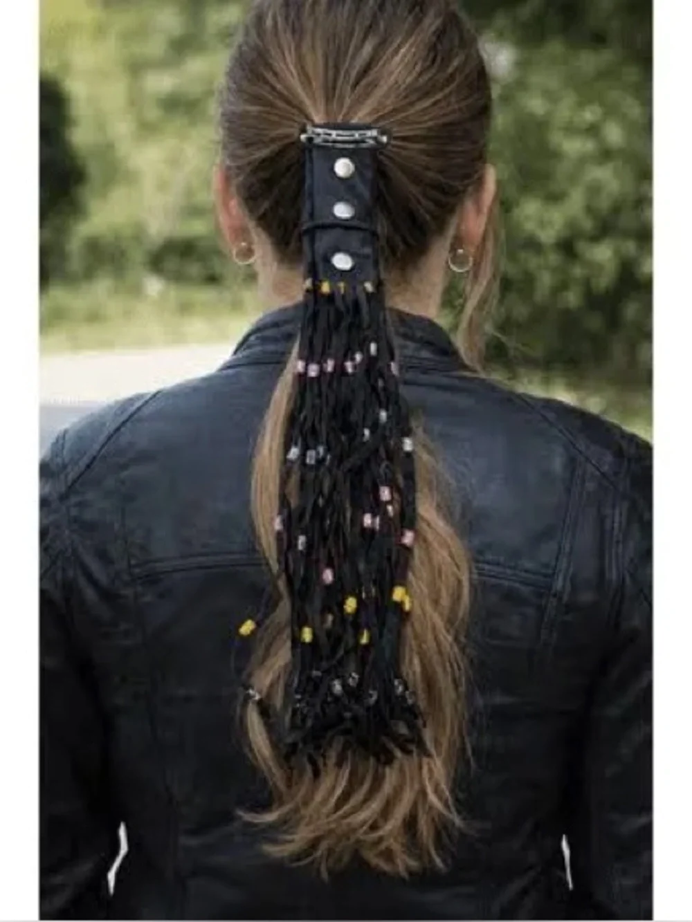 Black Leather Motorcycle Hair Ponytail Braid Wrap Barrette Beaded Fringe Biker